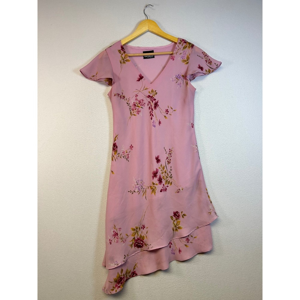 Fairycore Positive Attitude Womens Petite Pink Floral‎ Asymmetrical Tiered Dress